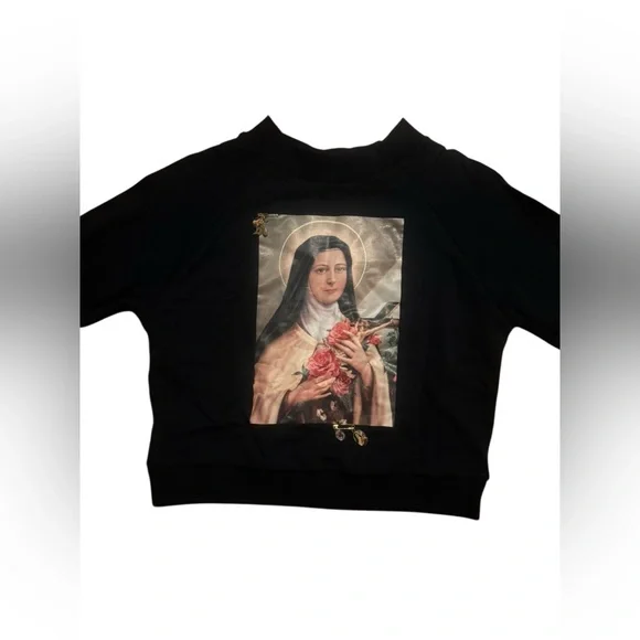Christopher Kane Saint Teresa Virgin Mary Black Cropped Sweater Size XS Pins - Picture 2 of 16